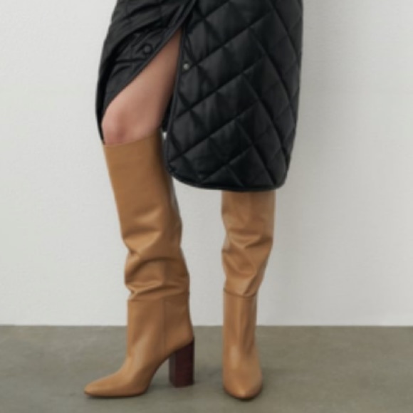 Zara New With Tags Heeled Leather Knee High Boots Brown Beige Taupe Gray, nwt - Picture 2 of 13
